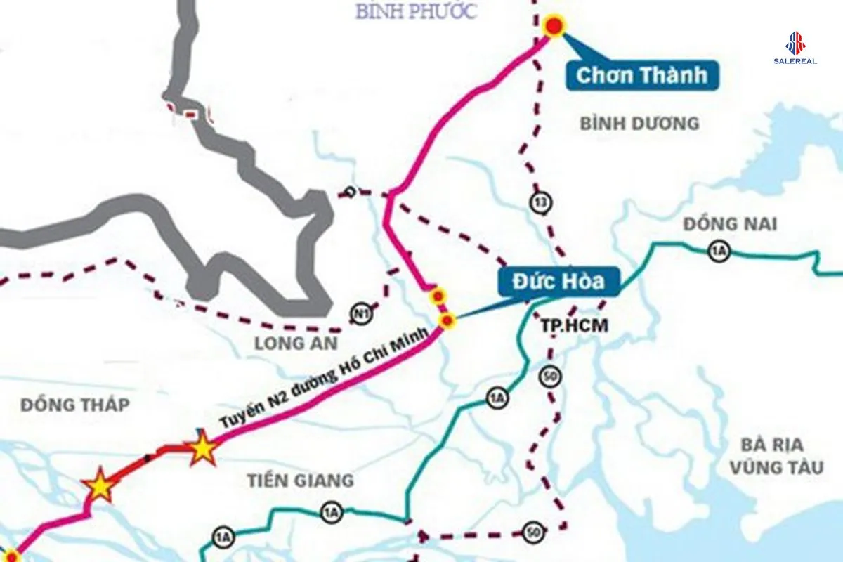 Bản đồ lộ trình Quốc lộ N2 đi qua khu vực dự án Vinhomes Green City, Đức Hòa, Long An