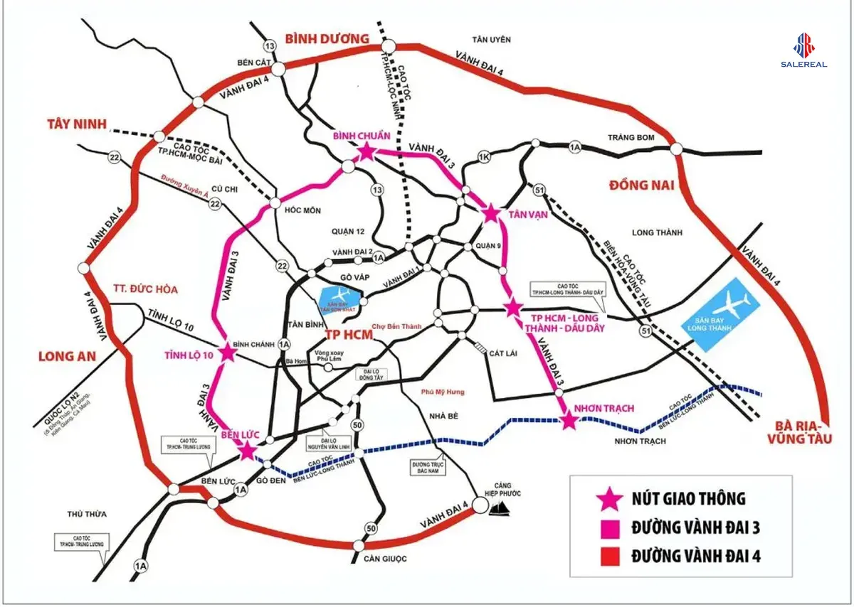 Sơ đồ quy hoạch tuyến đường Vành đai 3 và Vành đai 4 TP.HCM, kết nối Long An và các tỉnh lân cận